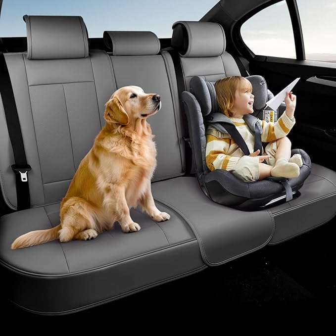 Coverado Back Seat Cover, Gray Seat Covers for Cars, Waterproof Back of Car Seat Protector for Kids, 3-Pieces Nappa Leather Car Seat Cushion, Universal Fit Most Cars Interior Backseat Covers