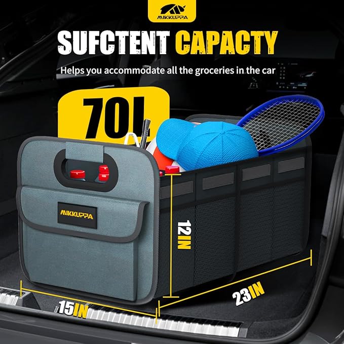 MIKKUPPA Car Trunk Organizer - 70L Collapsible Trunk Organizer for Groceries, Car Storage Organizers for SUV Auto Truck Van with Non Slip Bottom (Gray)
