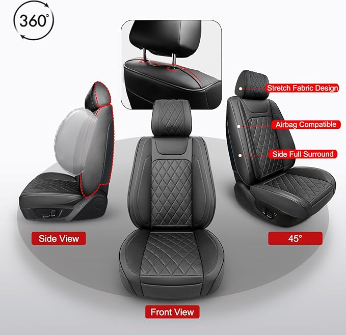 2 Pack Leather Front Car Seat Covers,Universal Breathable Full Surround Leather Car Seat Cover Protector,Split Waterproof Luxury Auto Black Seat Cover Cushion for Sedan Cars Pick-up Trucks SUV