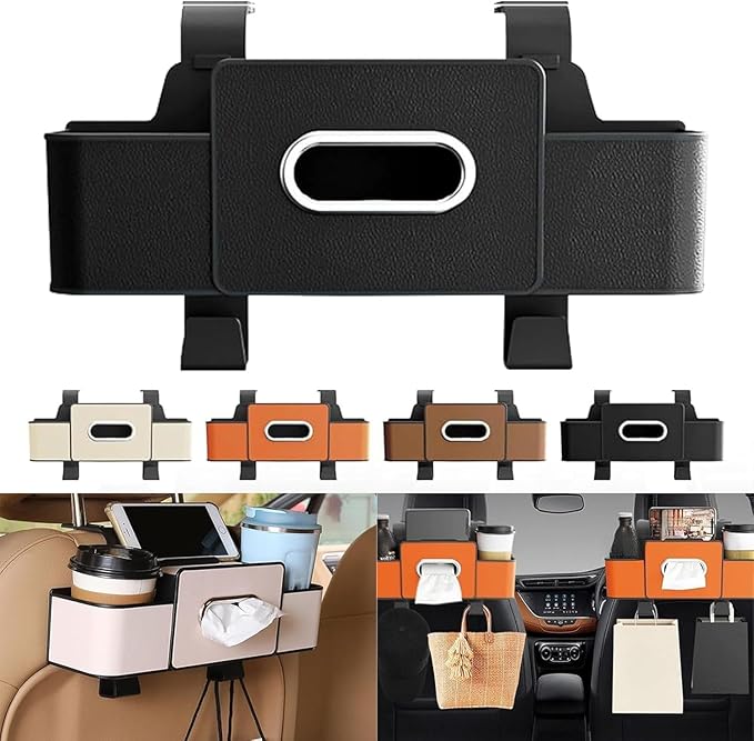 Car Backseat Organizer with Tissue Holder, Multifunctional Storage Rack with Cup Holder and Phone Holder, ABS Material with Leather Finish, Adjustable (Black)