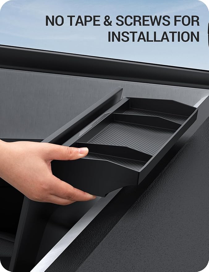 BASENOR Behind Screen Storage for Tesla Cybertruck Accessories 2024-2026, (Proprietary Design) Custom-Fit Center Console Sunglasses Holder & Hidden Dashboard Storage Tray