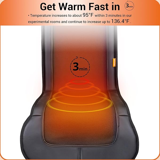 47.2” Long Seat Cushion with Heat for Back and Thighs, Heated Seat Covers in 2 Intensities, Black Mesh Seat Warmer in PU Leather Case, Gift for Father Day and Mother Day