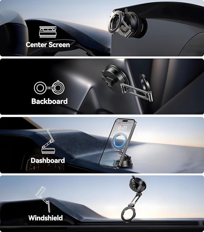 【Vacuum Suction Folding Car Mount】Magnetic Car Phone Holder for magsafe, Aerospace Alloy Arm, Best Dashboard/Windshield/Screen Holder for Your Car/Tesla/Gym/Mirror/Shower/Smooth Surface/iPhone
