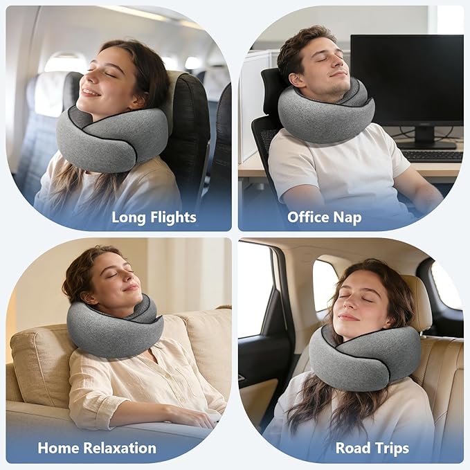 Advanced Memory Foam Neck Travel Pillow, Neck Pillow Airplane with Eye Mask & Ear Plugs, Designed for The Comfort of Travel & Office, Travel Pillow for Plane, Car, Home, Work， Grey