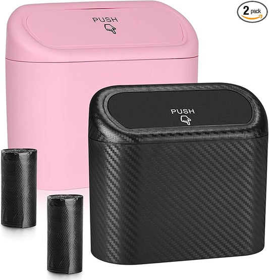 Accmor Car Trash Can with Lid, 2 Pack Mini Vehicle Trash Bin Automotive Garbage Cans, Small Car Dustbin Garbage Organizer Holder with 2 Roll Trash Bag, Portable Hanging Auto Storage Bag Container