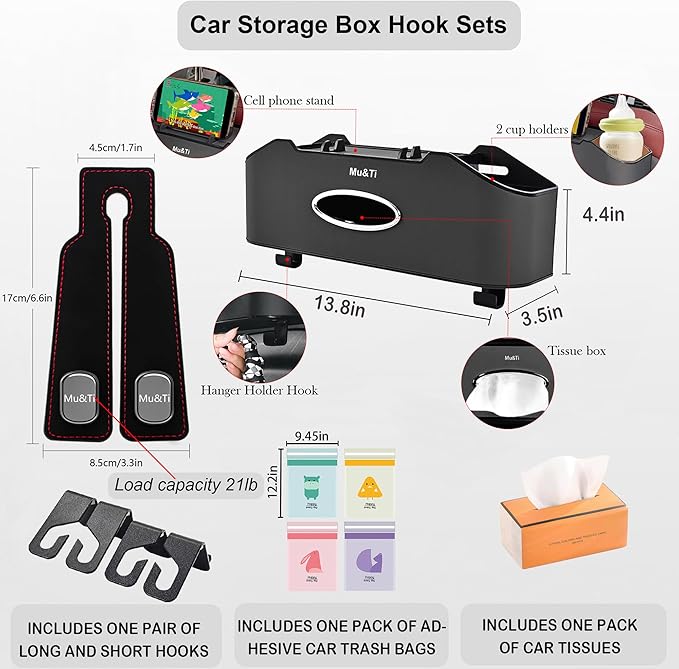 Mu&Ti Multifunctional Car Seat Back Storage Box with 2 Cup Holders, Tissue Box, Hook and Trash Bag- Ideal for Family and Travel (Black)