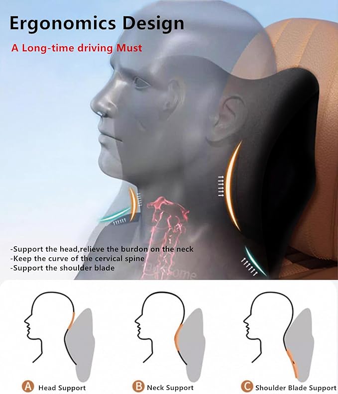 2 Pack Car Neck Pillow Support, Headrest for Driving with Adjustable Strap, Memory Foam Neck Rest Cushion, Breathable Removable Cover & Ergonomic Design, Black 2pcs