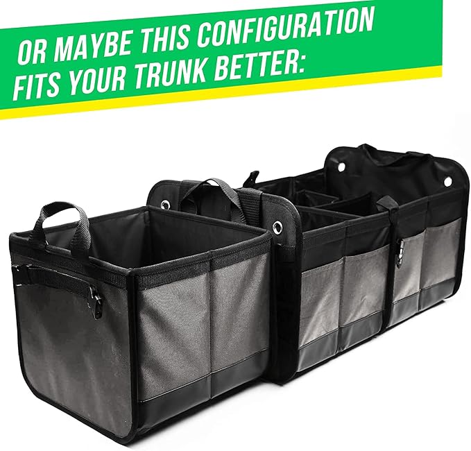 3-Section Modular Trunk Organizer XL – Car Storage for Groceries, Cleaning Supplies, Tools, Sports Gear – Foldable L-Shape Cargo Bin – Gray