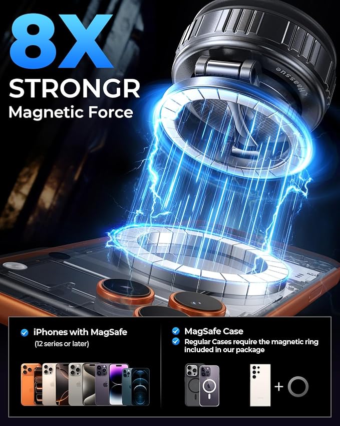 2026 Heavy-Duty Magnetic Phone Holder for Car, Ultra Strong Vacuum Suction Magsafe Car Mount with Full Metal Arm 360° Adjustable Phone Holder for Dashboard & Windshield for iPhone 17 Pro Max & Samsung