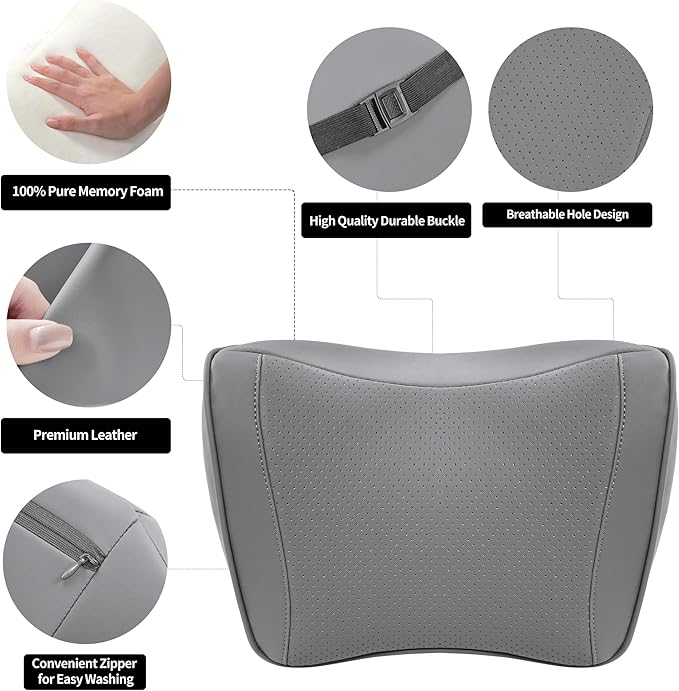 Car Headrest Pillow 100% Memory Foam, Breathable Removable Leather Cover, Premium Seat Support Head Neck Cushion for Driving Travel Home Office, Gray, 2 Pack
