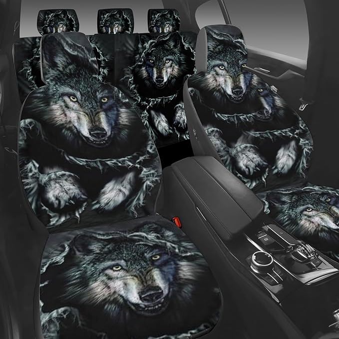 2 Pcs Premium Wolf Car Seat Cover, Breathable & Washable Car Seat Covers Full Sets, Fashionable Printed Seat Covers for Cars Interior, Universal Fit for Most Cars, Sedan, Truck, SUV