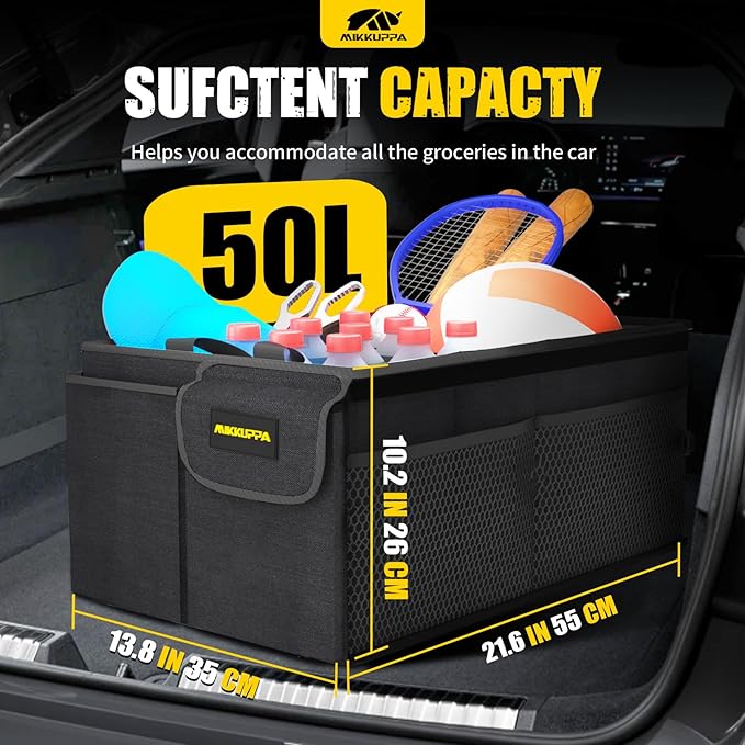 MIKKUPPA Car Trunk Organizer - 50L Collapsible Trunk Organizer, Sturdy Car Storage for SUV Auto Truck Van with Non Slip Bottom (Black)