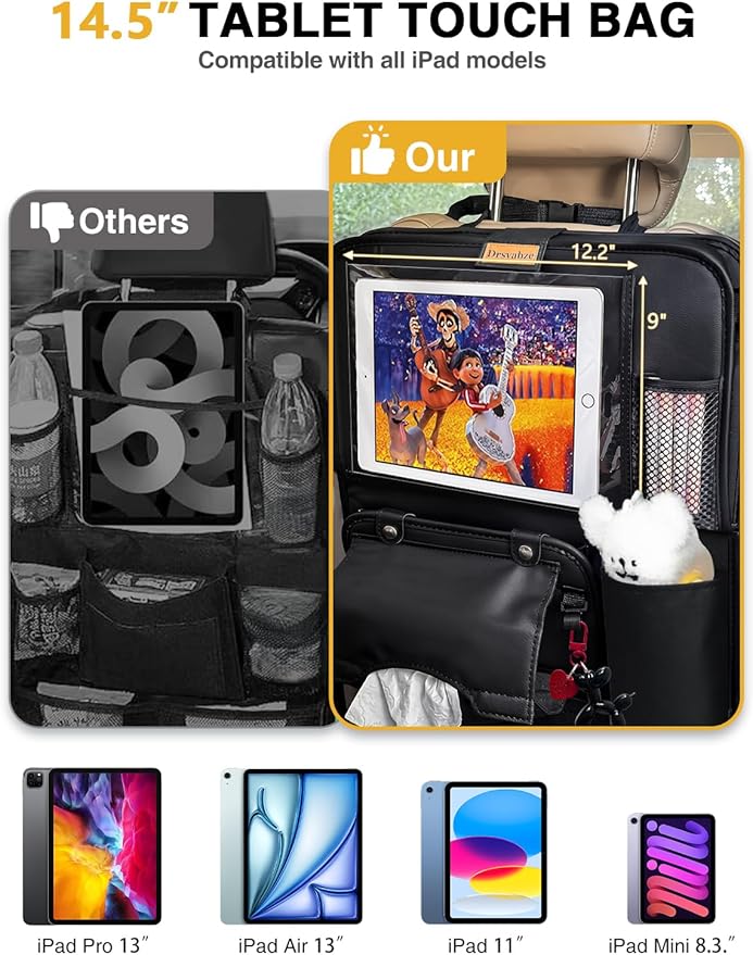 2-Pack Leather Car Backseat Organizer with Tablet Holder–Foldable Food Tray,Storage Pockets,Trash Can,Tissue Holder & Insulated Bag–Kick Mats Protector for Kids,Travel Accessories Organizer