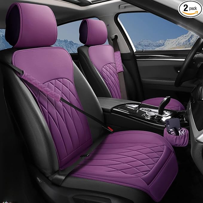 2 Pack Leather Front Car Seat Covers, Universal Sideless Car Seat Protectors with Storage Pocket and Seat Belt Pads, Waterproof Automotive Seat Cover for Cars Trucks SUV(Purple)