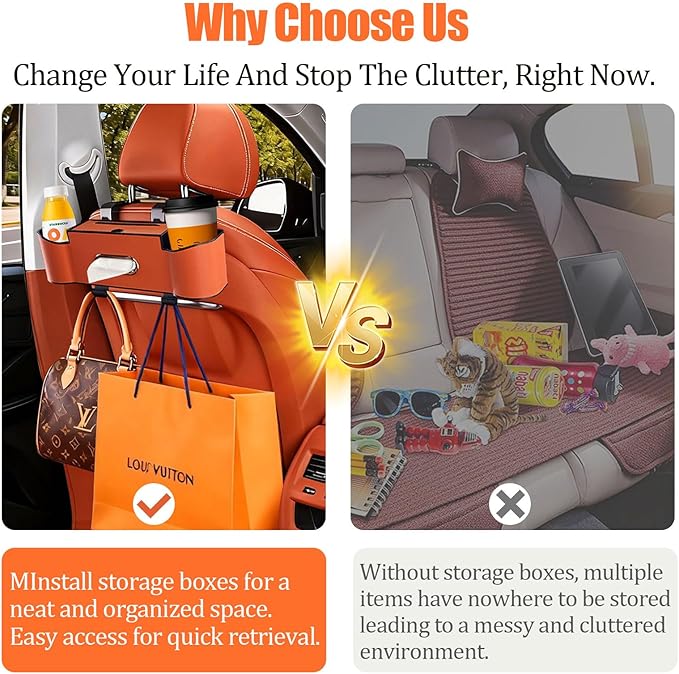 Backseat Car Organizer,4 in 1 Multifunctional Car Back Seat Storage Box with Drink Cup Holder Tissue Box, for Hold Phone,Snacks, Drinks, Handbag (Orange)