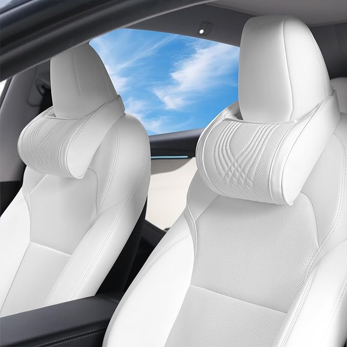 Car Headrest Memory Foam Neck Pillow for Driving with Leather Cover Soft Comfortable Seat Head Pillow Cushion for Most Cars SUV Sedan Home Office, White, 2PC