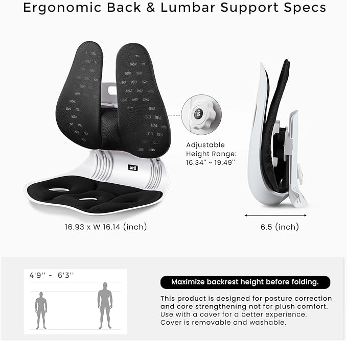 ZZWS Ergonomic Back Support for Office Chair, Foldable Lumbar Support Posture Corrector for Women, for Good Posture Correction, Lumbar Suppor for Floor Seat, Perfect for Home, Work, Office