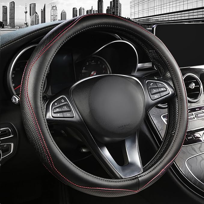 High-Grade Real Cowhide Steering Wheel Cover for Men Women，Black Genuine Leather Steering Wheel Cover for Cars,Universal 14.5-15 inch Steering Wheels