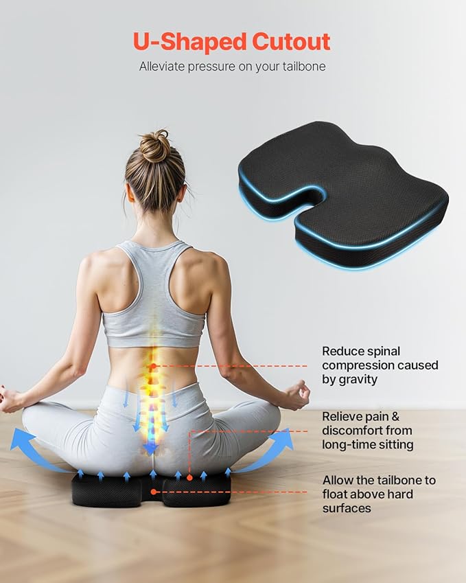 VEVOR Seat Cushion, Cooling Gel + Memory Foam Seat Cushion, Pressure-Relief Wheelchair Seat Pad with U-Shaped Cutout & Removable Cover, Lightweight and Portable for Travel, Car, Office, Airplane