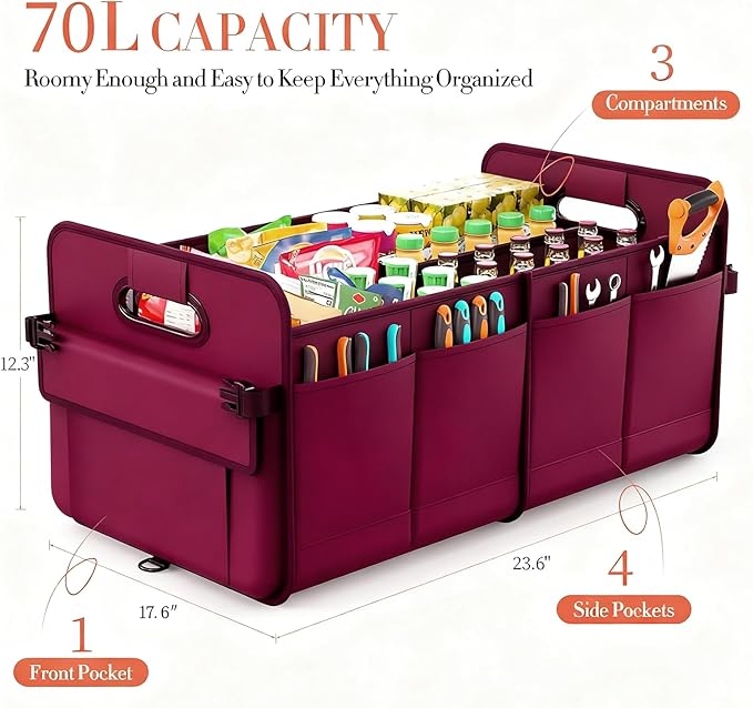 Trunk Organizer SUV, Car Organizers and Storage, NOT-FLIMSY ANTI-SLIDE 70L Spacious Collapsible Sturdy Trunk Organizer for Grocery/Car Accessories/Women Men's Gift, Wine Red