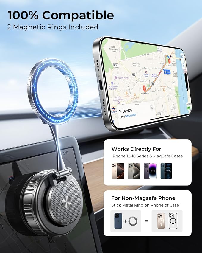 2026 Heavy-Duty Magnetic Phone Holder for Car, Ultra Strong Vacuum Suction Magsafe Car Mount with Full Metal Arm 360° Adjustable Phone Holder for Dashboard & Windshield for iPhone 17 Pro Max & Samsung