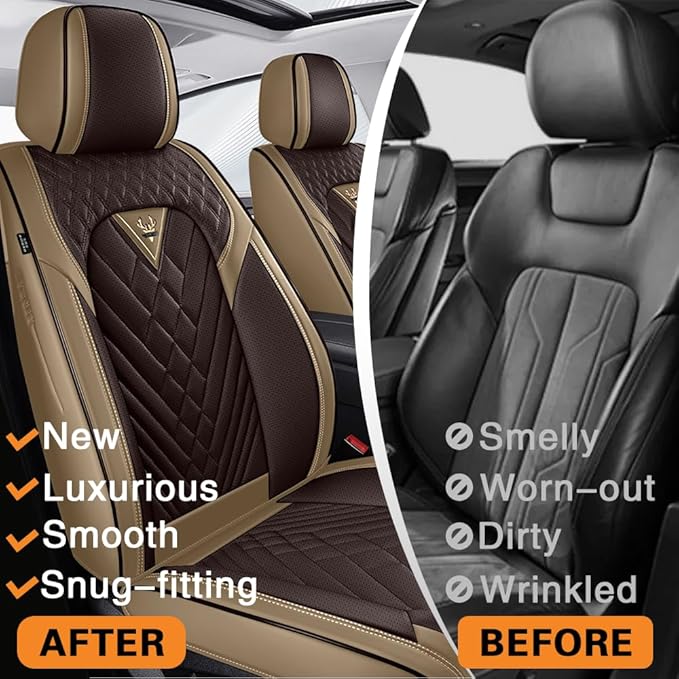 Fit for Dodge Dakota Seat Covers 2000-2011, Nappa Leather, 360° Full Protection, Thick Padding & Memory Foam, Waterproof & Stain-Resistant Car Seat Cover (Full Set with Headrests,Brown&Beige)