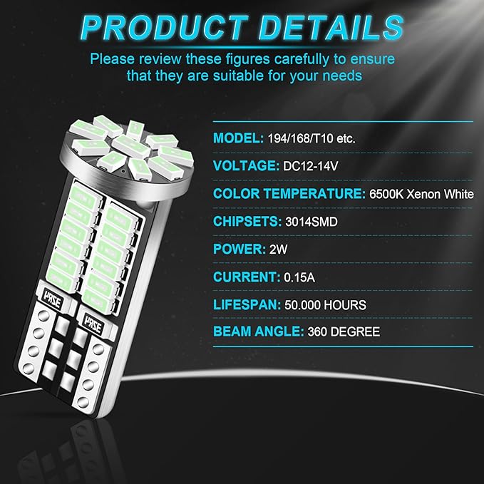 10Pcs Super Bright 194 T10 168 2825 W5W 34-SMD 3014 Chipsets Replacement LED Bulb for Car Trunk Interior Dome Map Door Courtesy License Plate Lights - Ice Blue