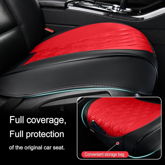Luxury Faux Leather Car Seat Cover Front Bottom Protector, Seat Cushion Without Backrest, Anti-Slip and Wrap Around The Bottom, Fit Most Cars & Vehicles, 1 Piece, Black&Red
