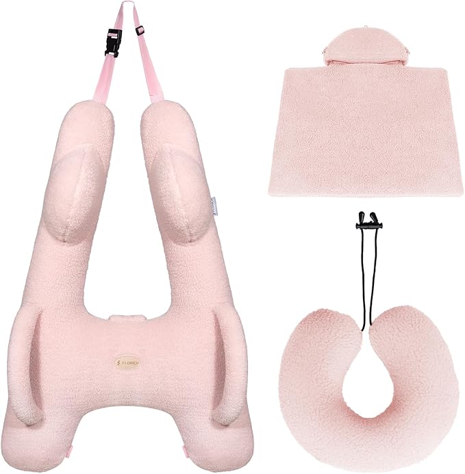 FLORICH Car Sleeping Travel Pillow for Kids, Kids Travel Pillow Removable H-Shaped Pillow for Adults and Children to Support Head and Body Road Trips with Neck Pillow and Blanket (Pink)