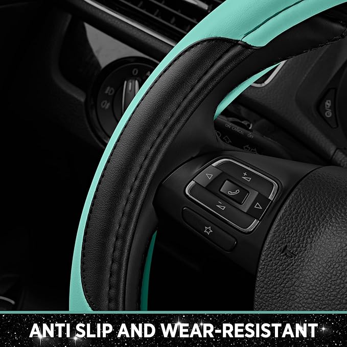 Road Comforts Leather Steering Wheel Cover - Made with PVC Leather - Anti-Slip, Universal Fit 14 1/2 inches to 15 inches - Mint