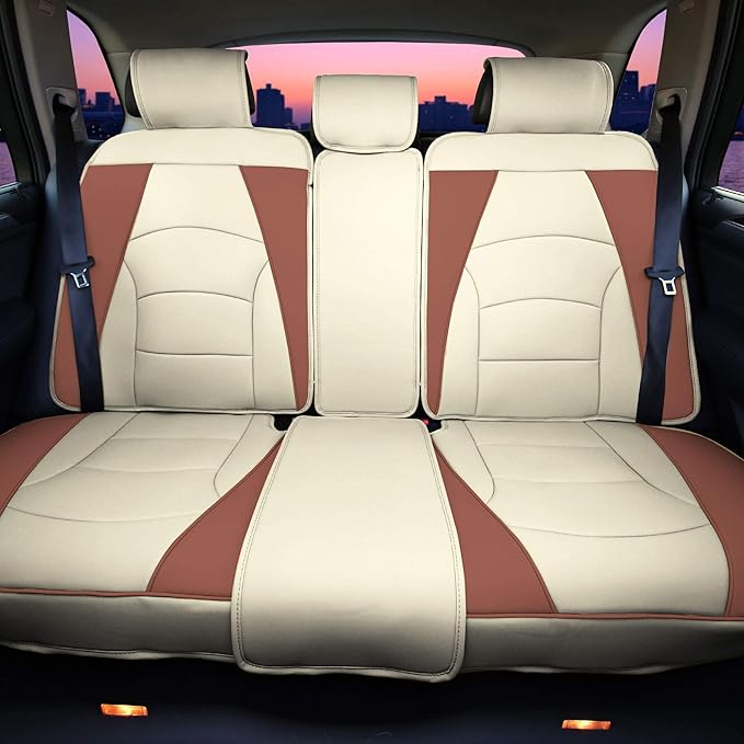 FH Group Car Seat Cover for Back Seat Beige Brown Faux Leather - Universal Fit, Rear Seat Covers for Cars with Rear Split Bench, Car Seat Cushions, Car Interior Accessories for SUV, Sedan, Van