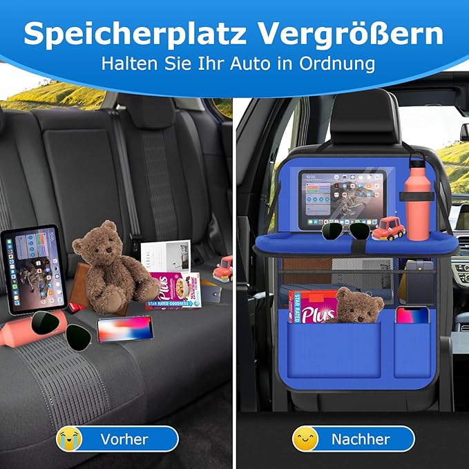Car Seat Organizer with Table Tray, 2Pack Backseat Car Organizer with 9 Storage Pockets for Bottle Snack Books on Travel Road Trip Essentials for Kid Adult(Blue)