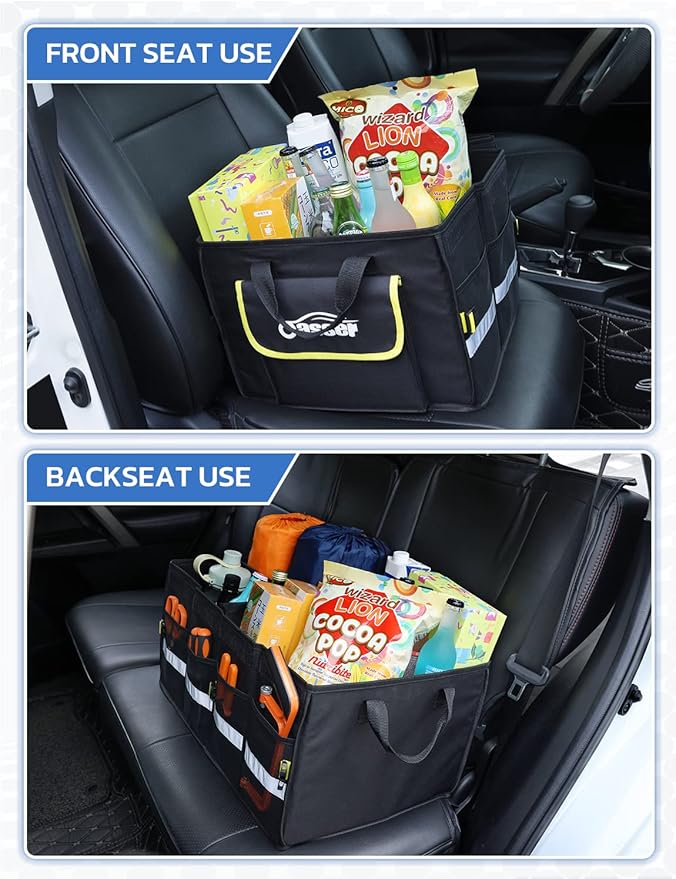 Oasser 55L Car Trunk Organizer, 3 Compartments Collapsible Waterproof Car Organizer Storage with Foldable Cover, Reflective Strip, Non-Slip Bottom, 4 Mesh Pockets for SUV/Truck/Sedan/Camping/Road Trip
