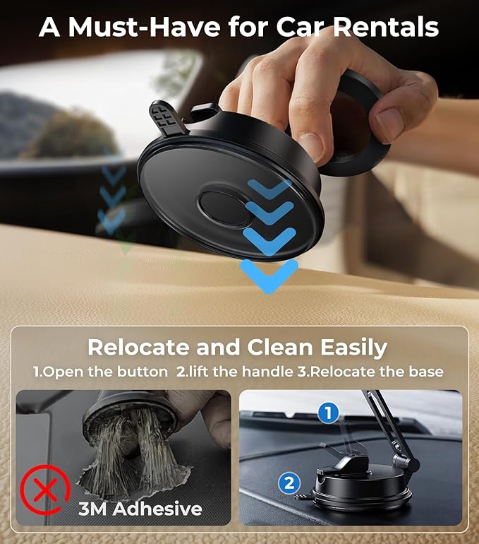 【Vacuum Suction Folding Car Mount】Magnetic Car Phone Holder for magsafe, Aerospace Alloy Arm, Best Dashboard/Windshield/Screen Holder for Your Car/Tesla/Gym/Mirror/Shower/Smooth Surface/iPhone