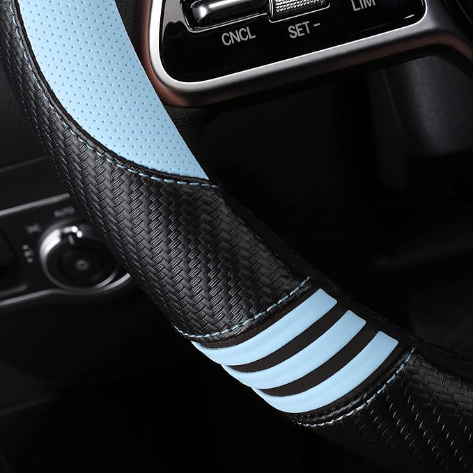 Car Steering Wheel Covers for Women Padded Carbon Fiber PU Leather Cute Auto Interior Accessories for Vehicle, Sedan, Universal, Anti Slip, Blue, Standard Size, 14.75-15.15in