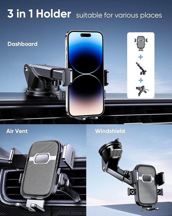 3 in 1 Car Phone Holder Mount, [1s Auto Lock] Phone Holders for Your Car, 360° Adjustable Dashboard Vent Windshield Cell Phone Cradle Clamp Clip for iPhone, Samsung, Google, 4.7-7" Android Smartphones