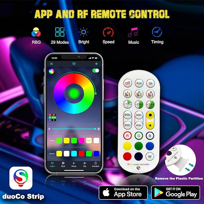 Interior Car LED Strip Lights, RGB USB Ambient Lighting with Fiber Optic, EL Wire Car Accessories (2 in 1)