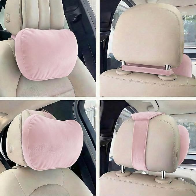 2PCS Car Pillow for Car Neck Pillow for Driving Seat Lumbar Support Soft Cushion with Extra Filling Accessories Back Support for Travel Nap and Trips Sleeping (Light Pink, Head and Lumbar)