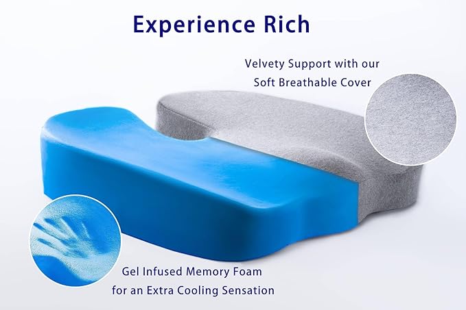 Gel Infused High Dense Memory Foam Seat Cushions for Office Chair, Car, Wheelchair-Coccyx Seat Cushion for Tailbone Pain Pressure Relief (Light Grey)