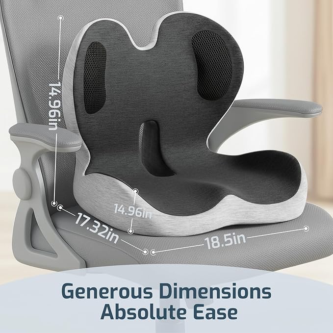 Office Chair Cushions with Lumbar Support Pillow, Soothe Back and Seat Cushion Memory Foam, Non Slip Adjustable Strap for Lower Back Pain Sciatica Relief Office Workers Car Drivers (Black+Light Gray)