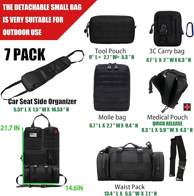 7 PACK Tactical Seat back organizer Truck organizer With 6 Detachable Pouches Universal For Car Truck Ford Jeep Military-Grade Heavier Panels With Multi-functional Packs (7 PACK -BLACK)