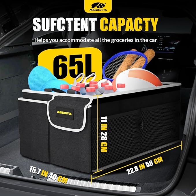 MIKKUPPA Car Trunk Organizer - 65L Collapsible Trunk Organizer with Lid, Sturdy Car Storage for SUV Auto Truck Van with Adjustable Straps and Non Slip Bottom