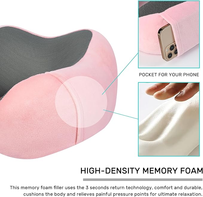 Neck Pillow Airplane-2 Pack Memory Foam Travel Pillow, Soft Support Travel Neck Pillow for Travelling, Sleeping Rest, Car, Train and Home Use (Black&Pink)