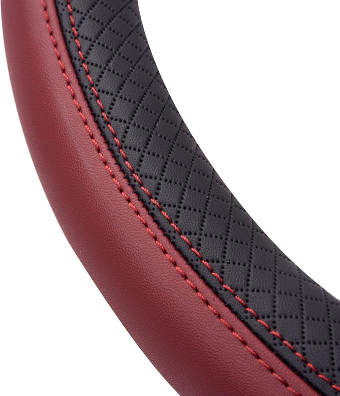 CAR PASS Rhombus Leather Universal Steering Wheel Cover, Fit for Suvs,Trucks,Cars,Sedans,Vans (Black&Burgundy)