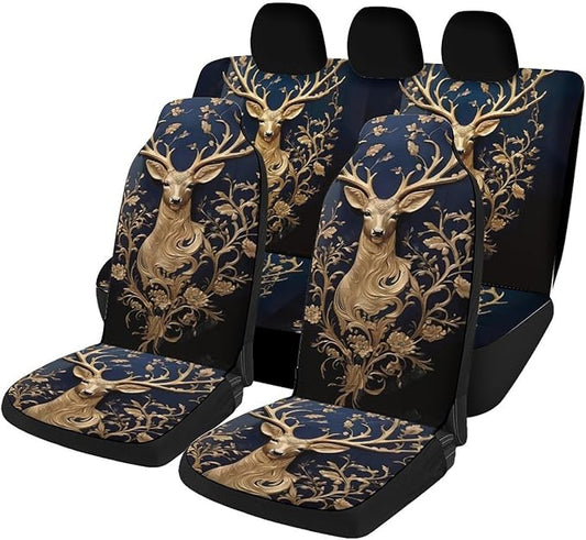 5 Pcs Premium Deer Car Seat Cover, Breathable & Washable Car Seat Covers Full Sets, Fashionable Printed Seat Covers for Cars Interior, Universal Fit for Most Cars, Sedan, Truck, SUV