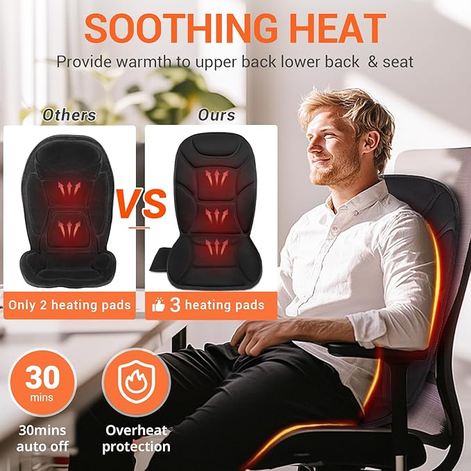 Massage Seat Cushion with Full Back Thighs Heat Back Massager for Chair with 3 Heating Pads 6 Vibrating Motors, Massage Chair Pad for Home Office, Heated Seat Cover Warmer for Pain Relief