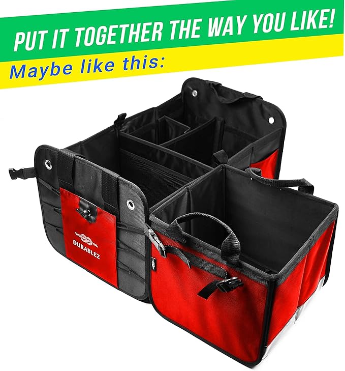 XL Trunk Organizer 3-Section Modular – Extra Large Car Storage for Groceries & Travel Gear, Multi-Compartment Foldable Cargo Bin – Red