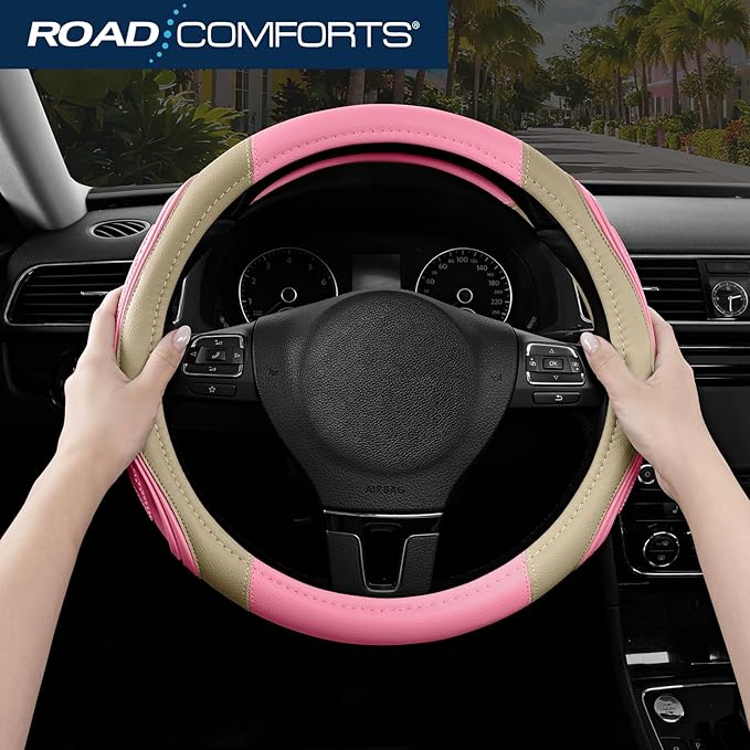 Road Comforts Car Steering Wheel Cover - Microfiber Leather Steering Wheel Wrap Sports 14.5-15 Inch Steering Wheel Cover Non-Slip for Men Women Pink & Beige Color