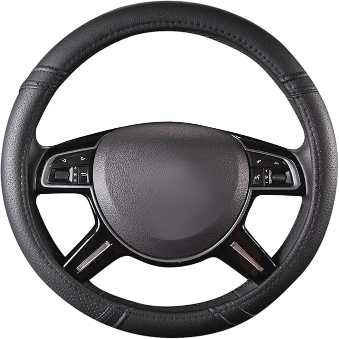 Car Pass Classical Leather Automotive Universal Steering Wheel Covers,Universal Fit for Suvs,Trucks,Sedans,Cars,Vans,14.5-15inch Anti-Slip Safety Comfortable Desgin(Black)
