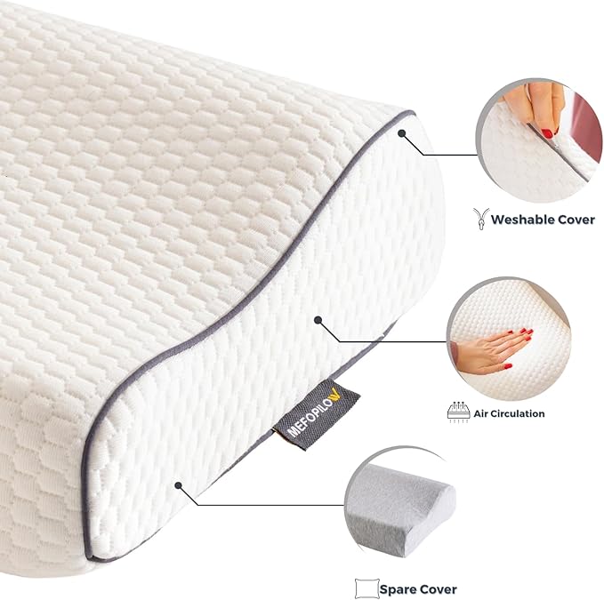 Memory Foam Travel Pillow with Washable Cover & Carry Bag – Compact, Soft & Breathable Neck Pillow for Airplane, Camping & Car (White- with Extra Gray Cotton Cover, 13.8x11.8x3.9/3.1 inches)